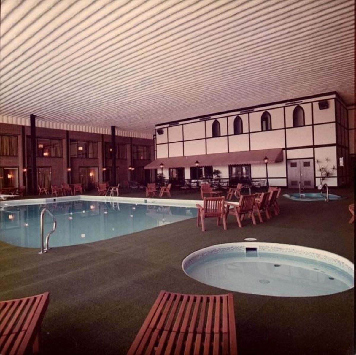 a swimming pool inside a building