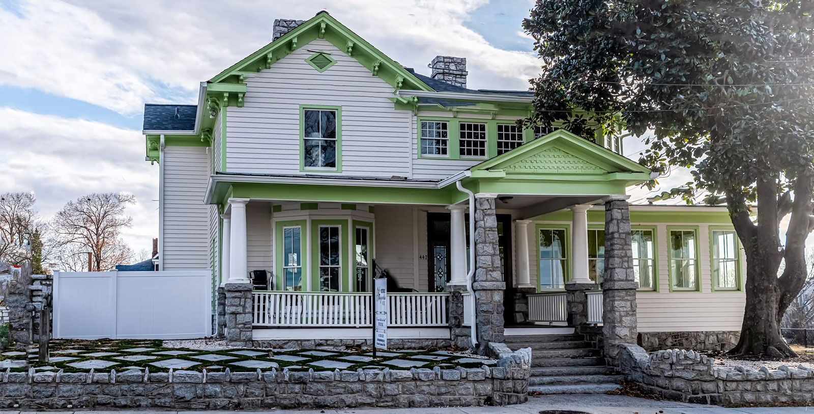 a house with green trim