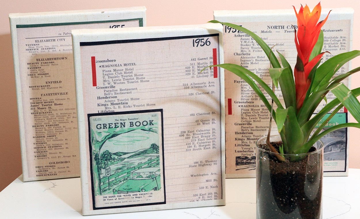 a plant in a glass with a book