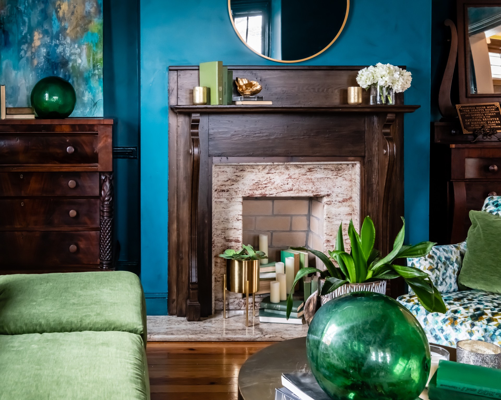 a room with a fireplace and a couch