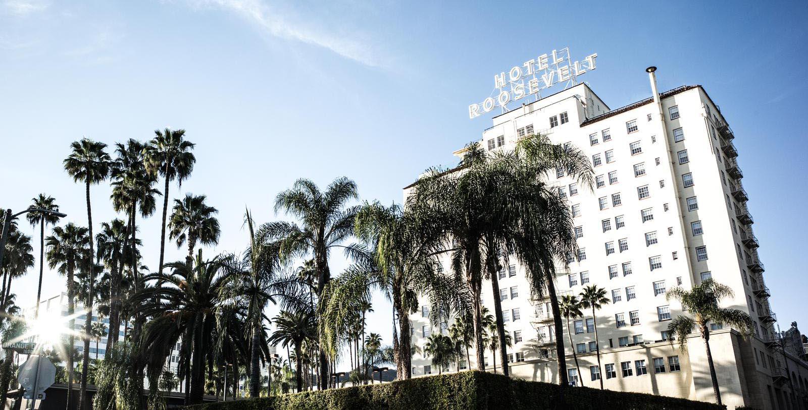 a hotel with palm trees