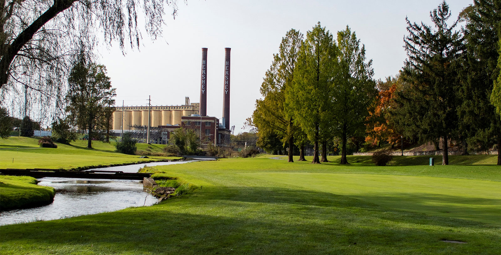 a grassy field with trees and a factory in the background
