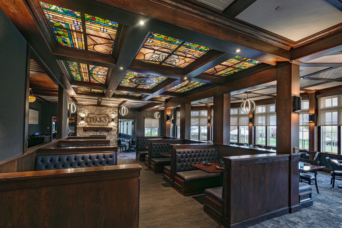 a room with a stained glass ceiling