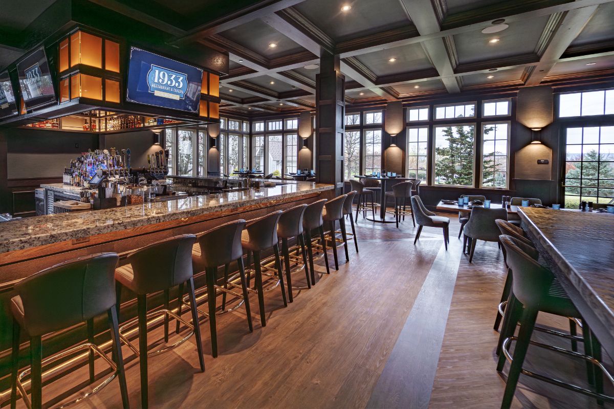 a bar with chairs and a television