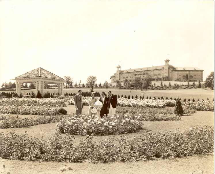 a group of people standing in a garden