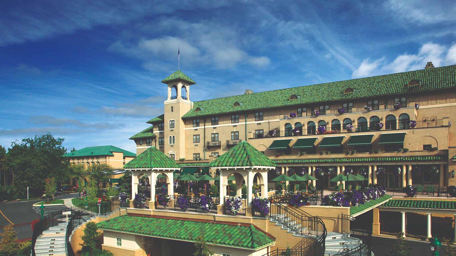 The Hotel Hershey with green roof and stairs