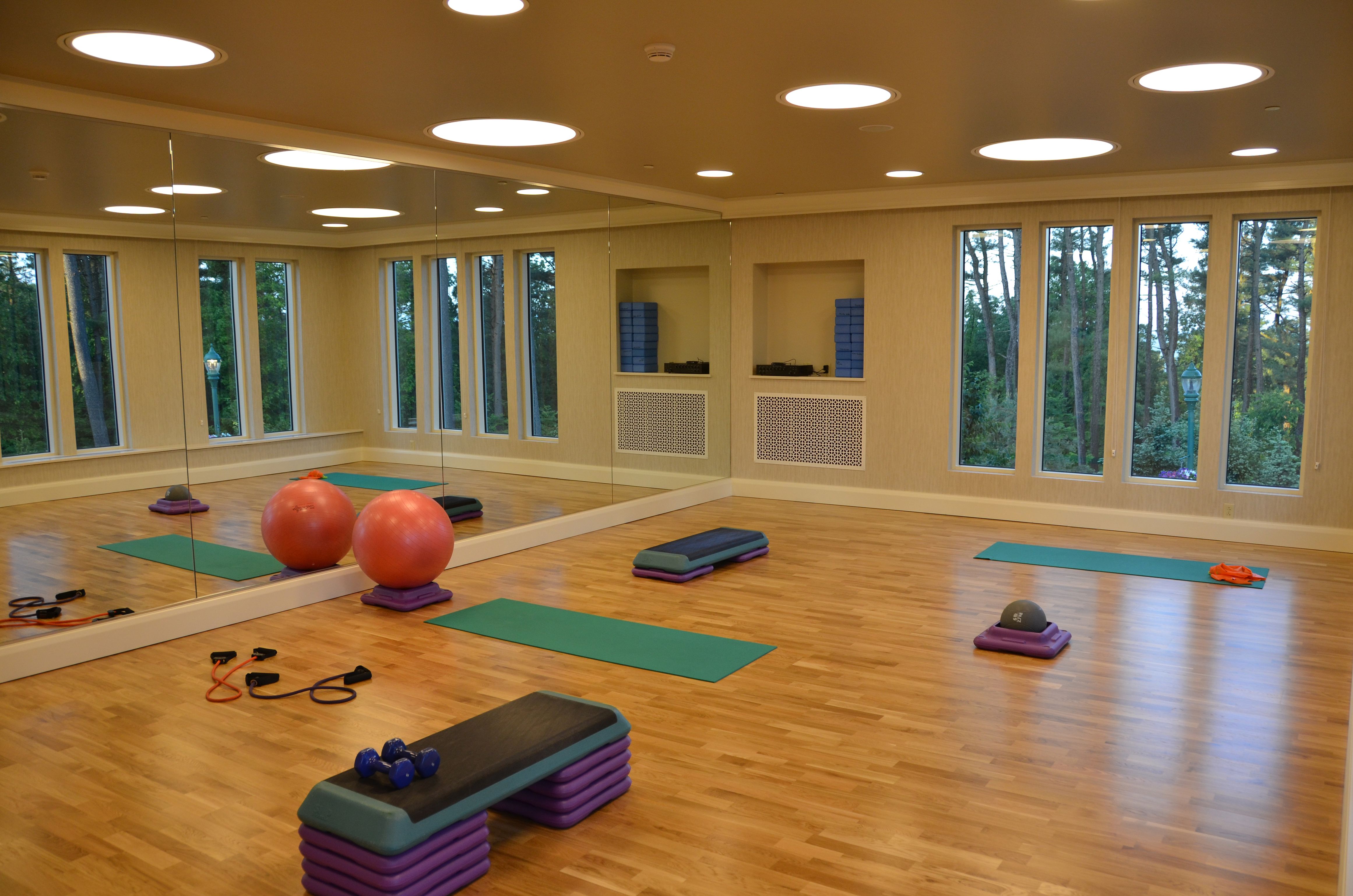 a room with mats and balls
