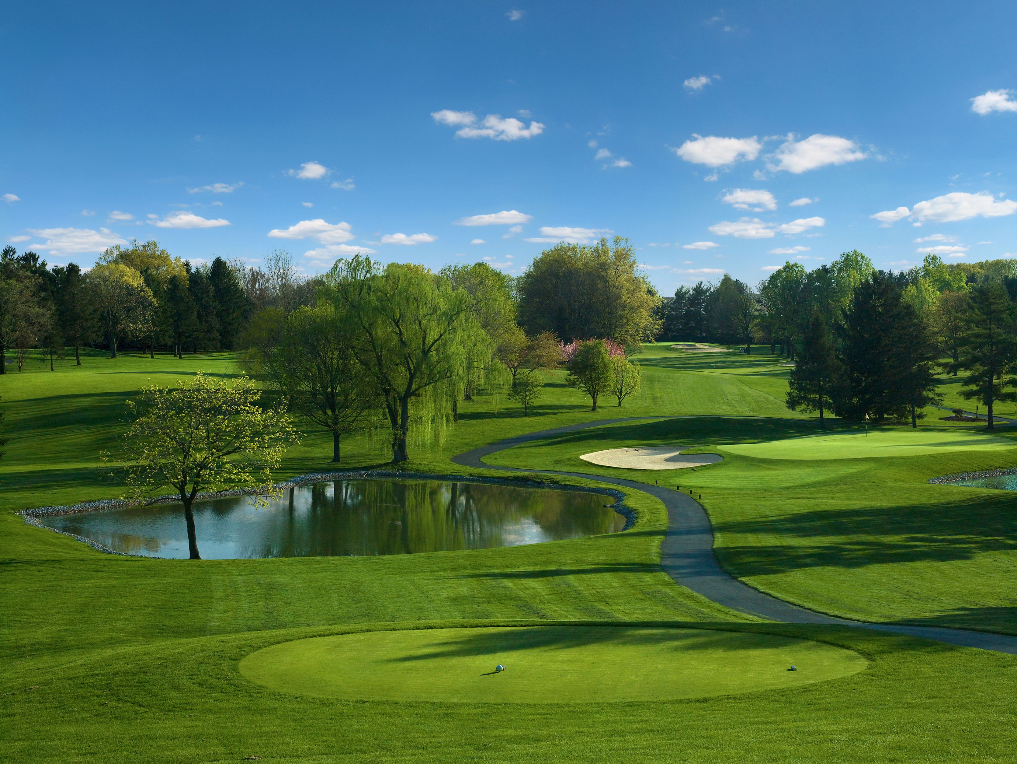 Scenic golf course featuring lush green fairways, a tee box, a tranquil water hazard surrounded by trees, and a winding paved path under a clear blue sky.
