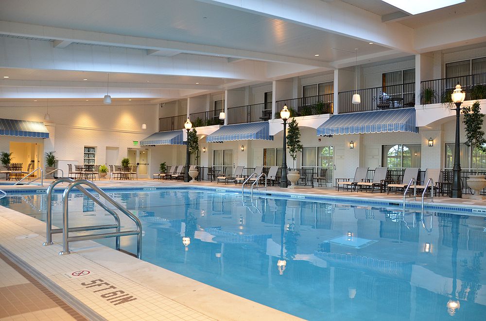 a swimming pool inside a building