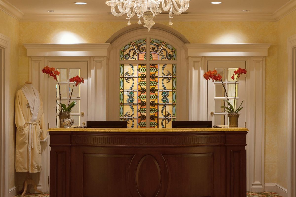 a reception desk in a hotel