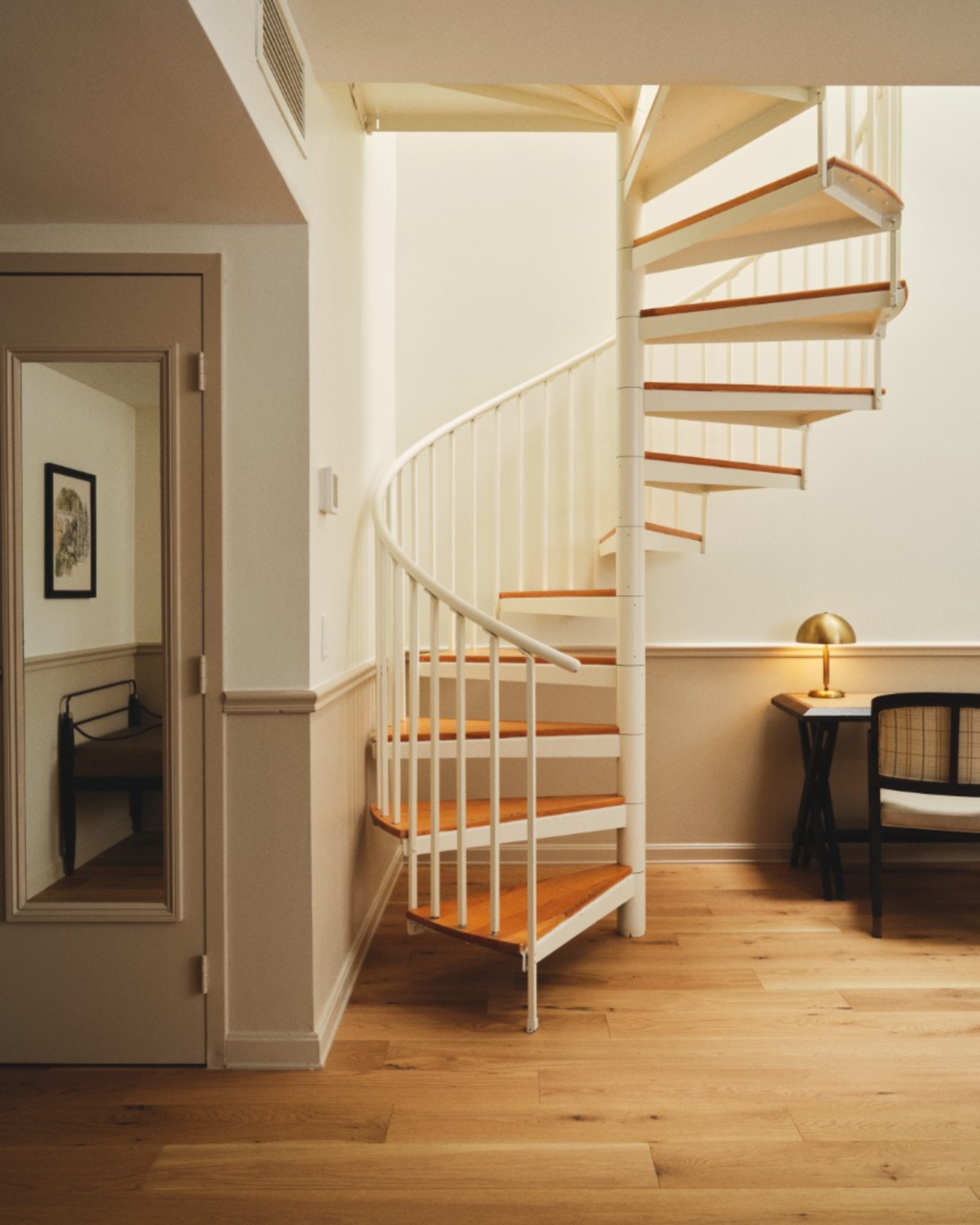 a spiral staircase in a room