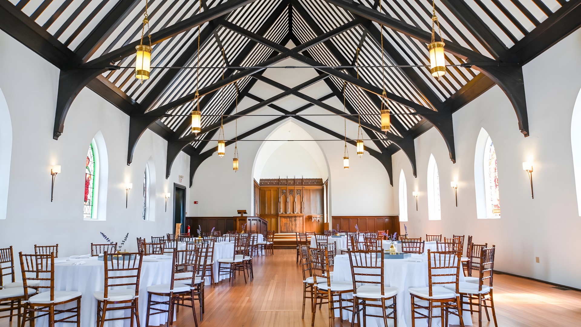 a room with tables and chairs