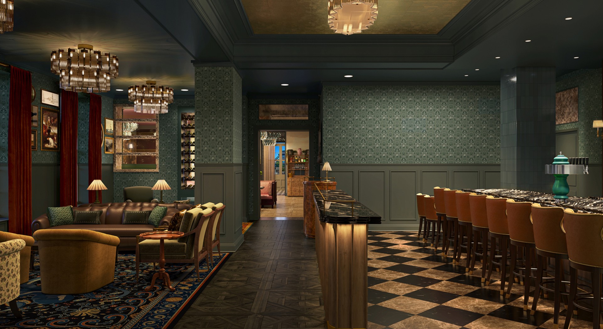 a room with a bar and chairs