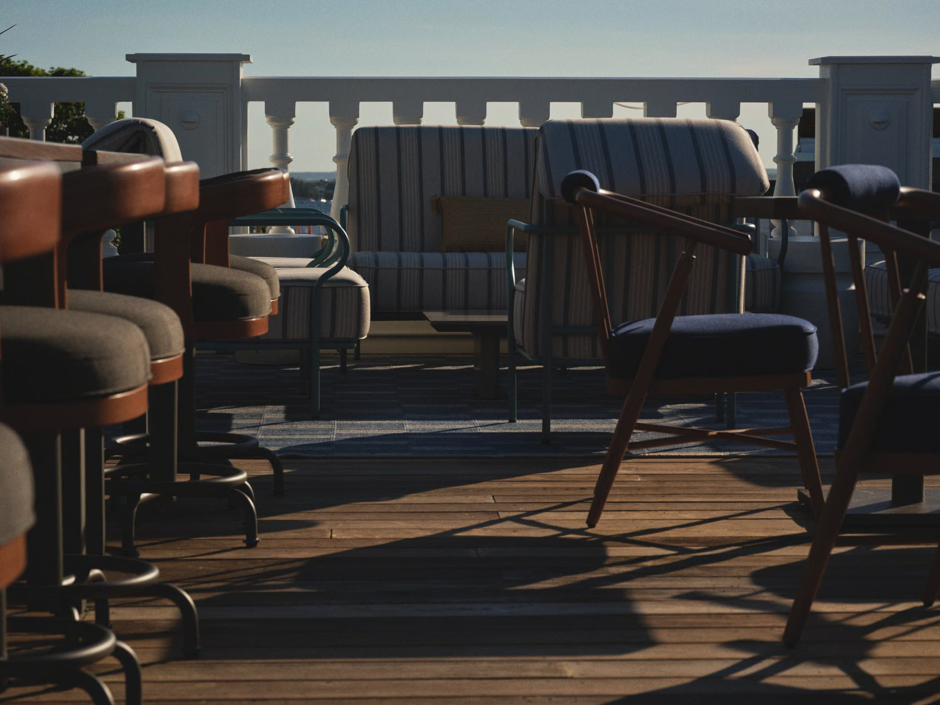 a group of chairs on a deck
