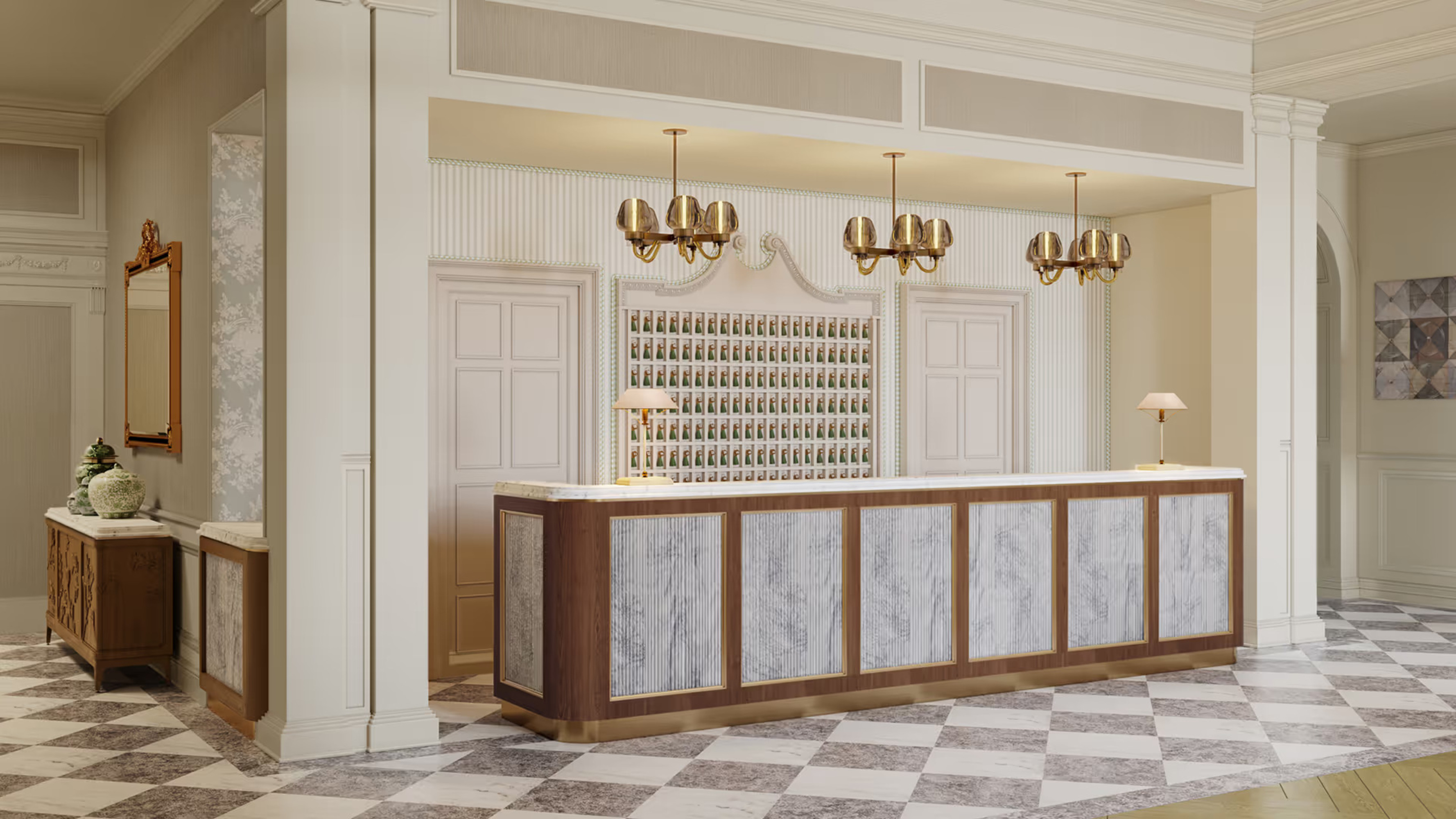 a reception desk in a hotel