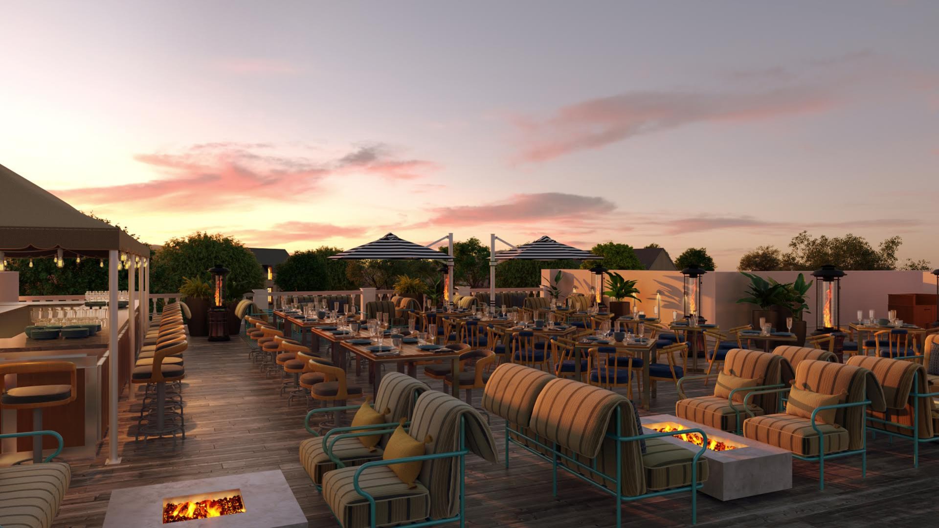 a patio with tables and chairs