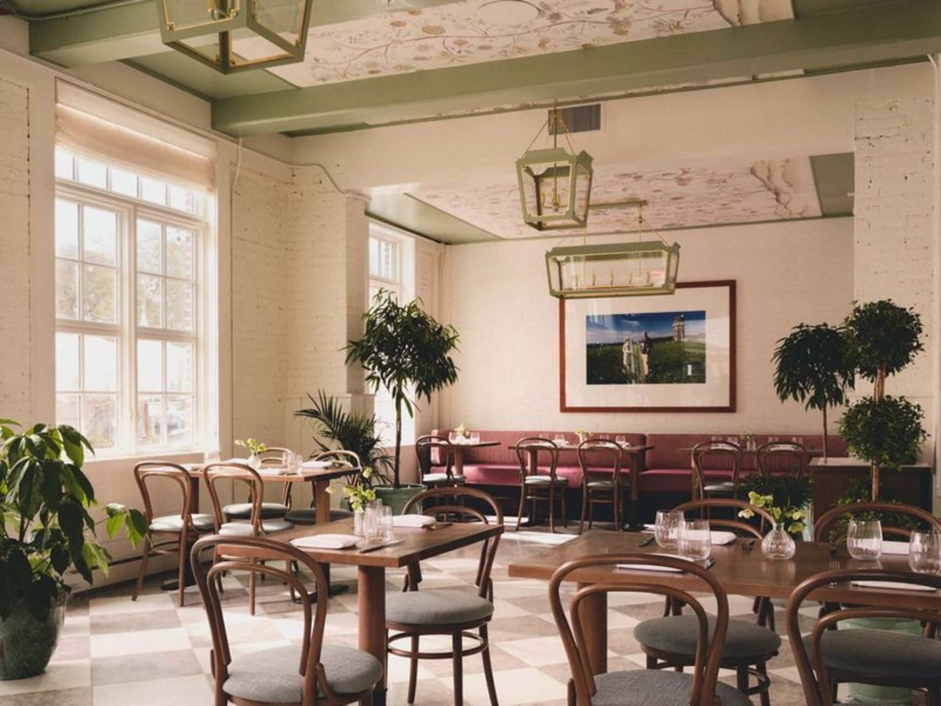 a room with tables and chairs