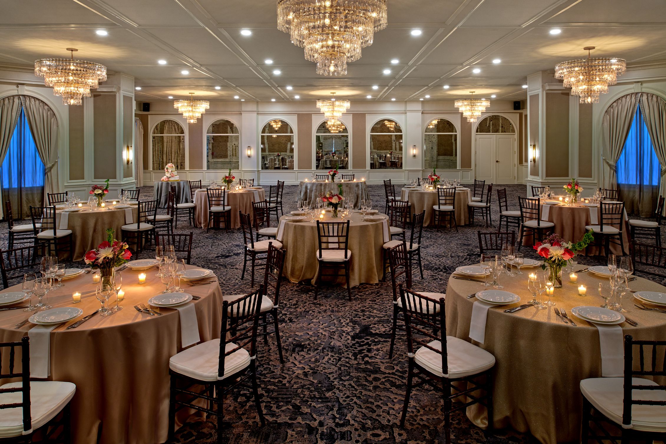 a large room with tables and chairs