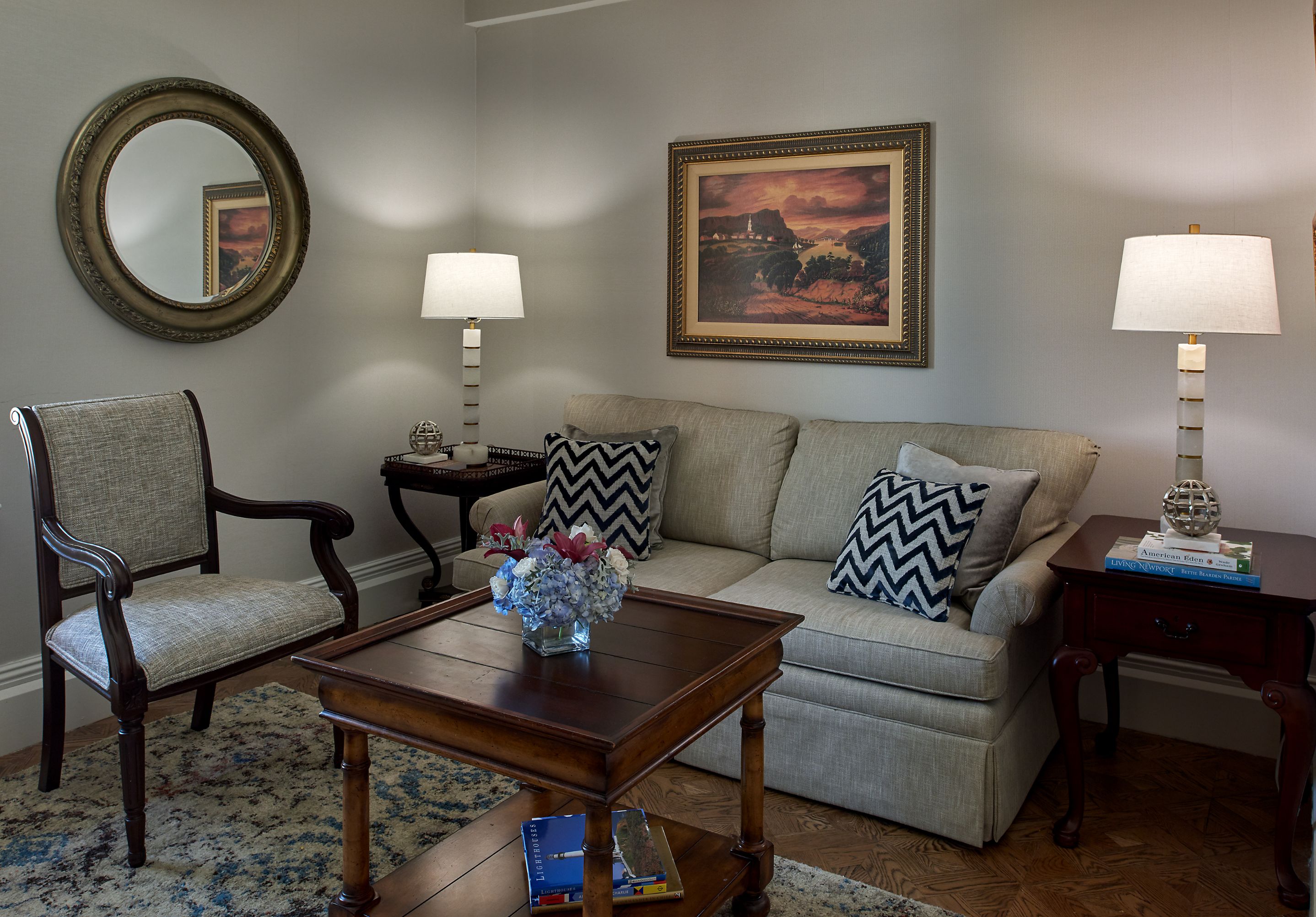 a living room with a couch and a coffee table