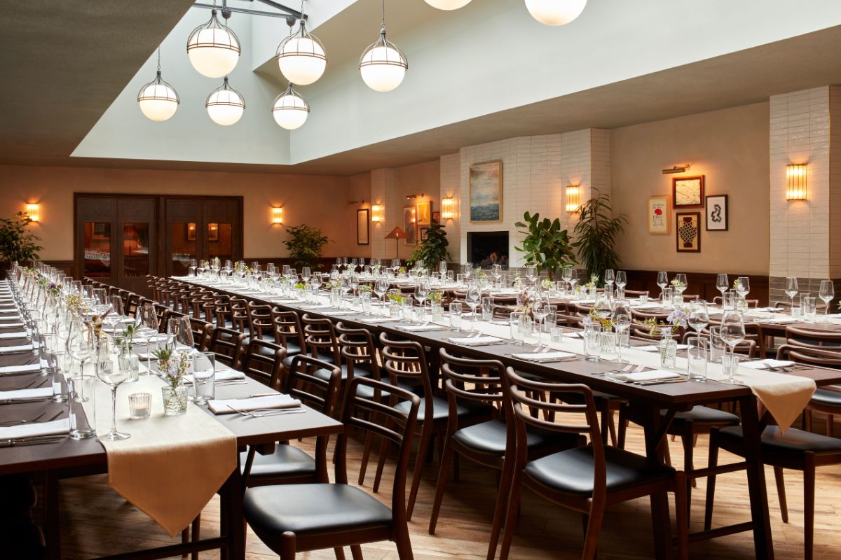 a large room with tables and chairs