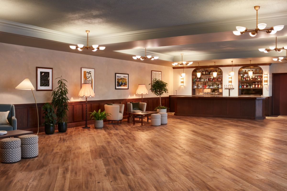 a room with a wood floor and a wood floor and a wood floor