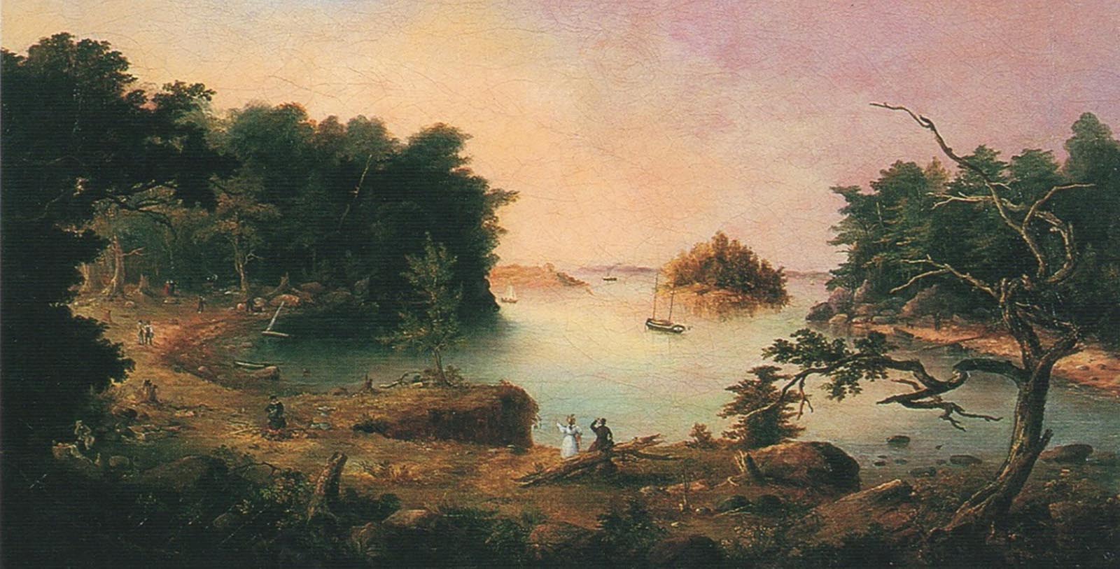 a painting of a lake with boats and people