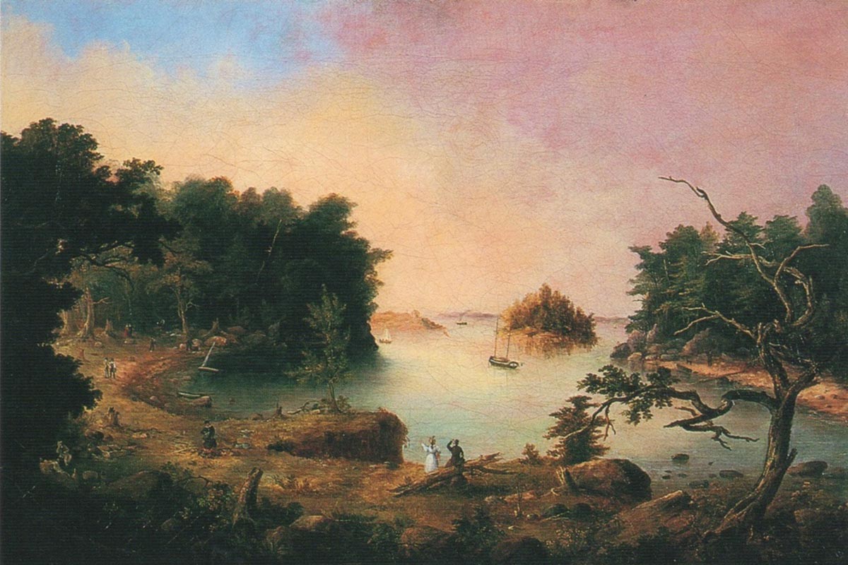 a painting of a lake with boats and people
