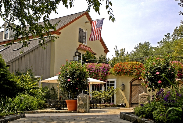 a house with a flag on the wall