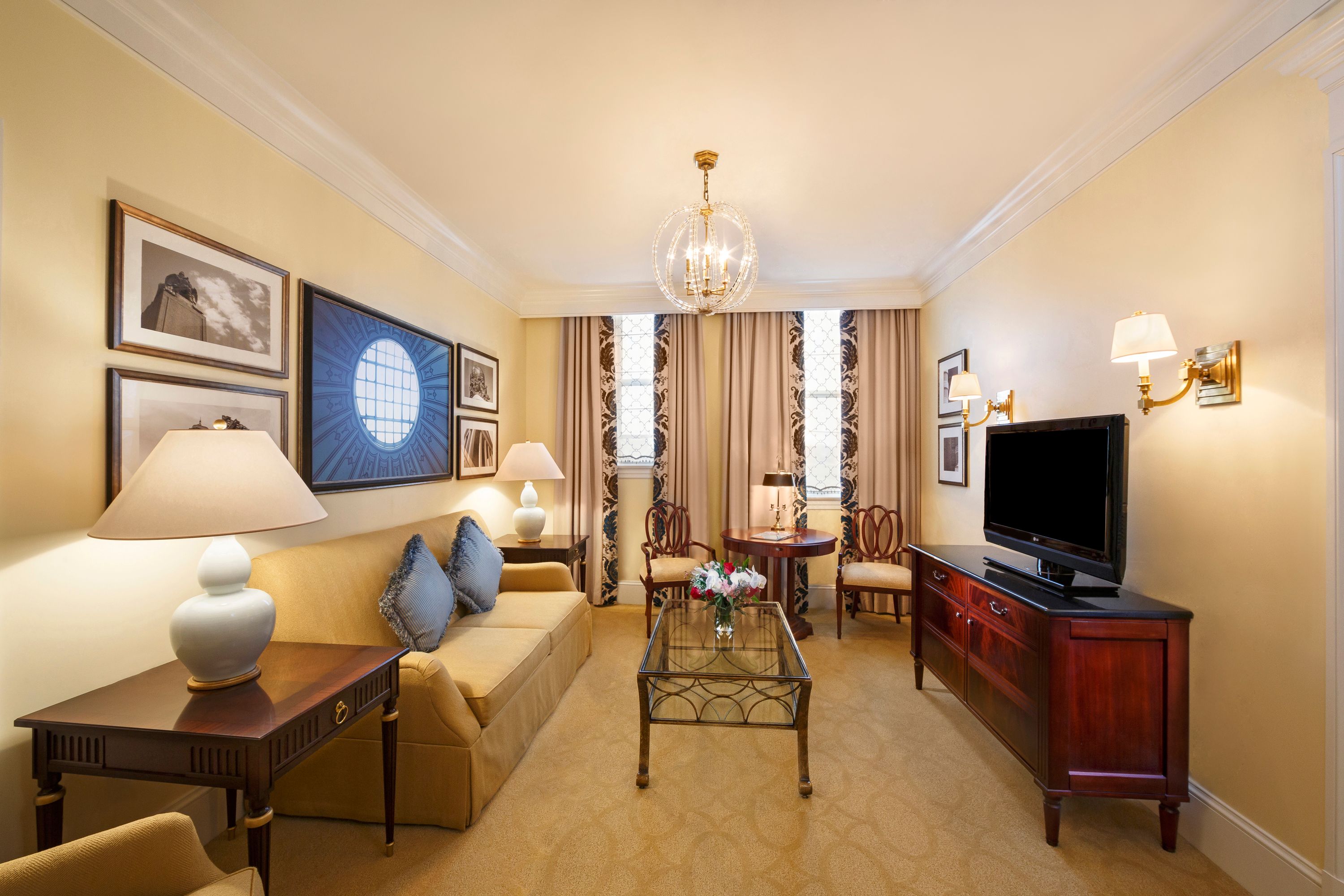 a room with a television and a table