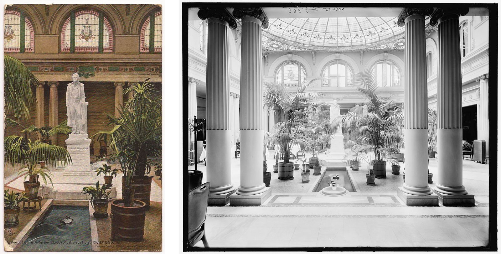 a collage of a room with columns and a fountain