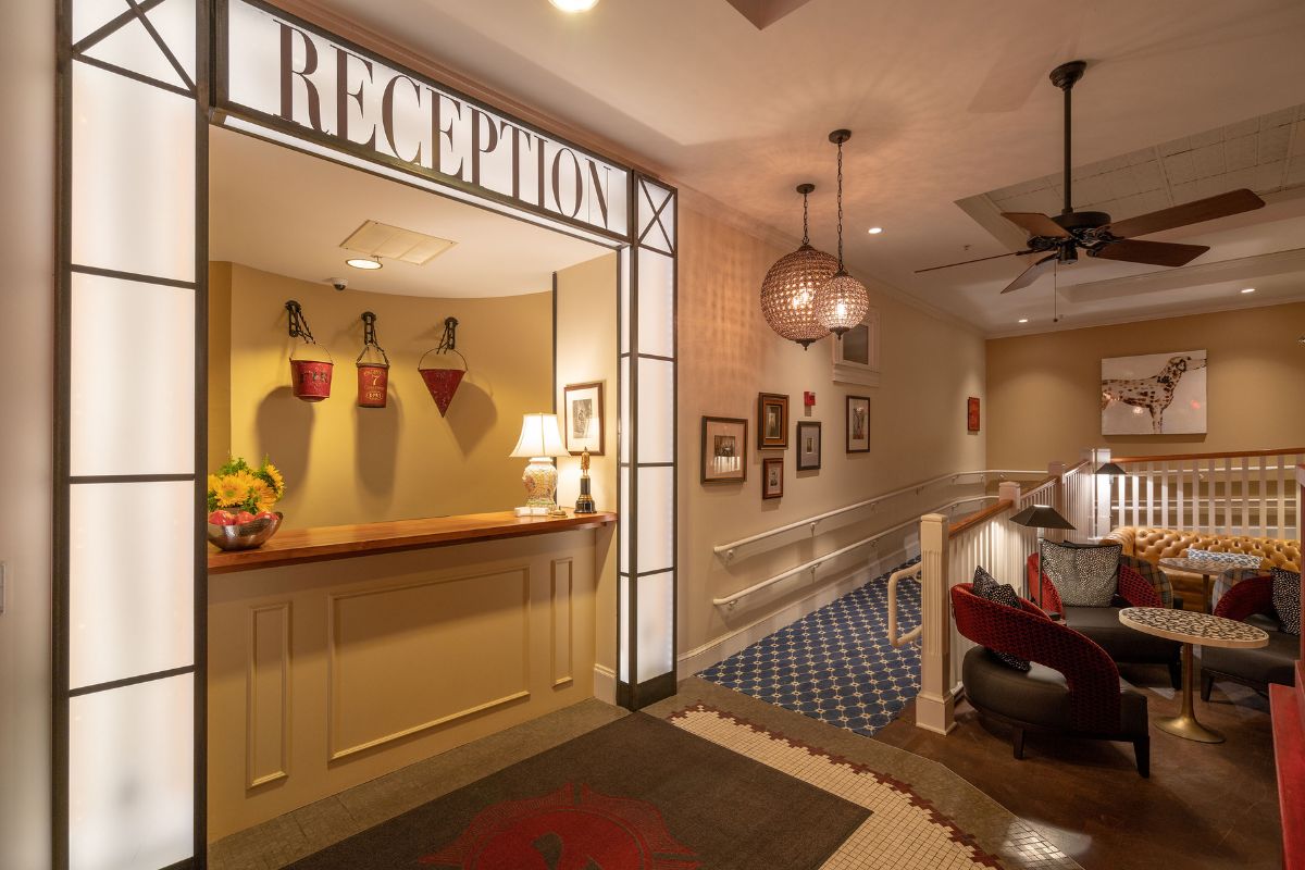 a reception desk in a hotel