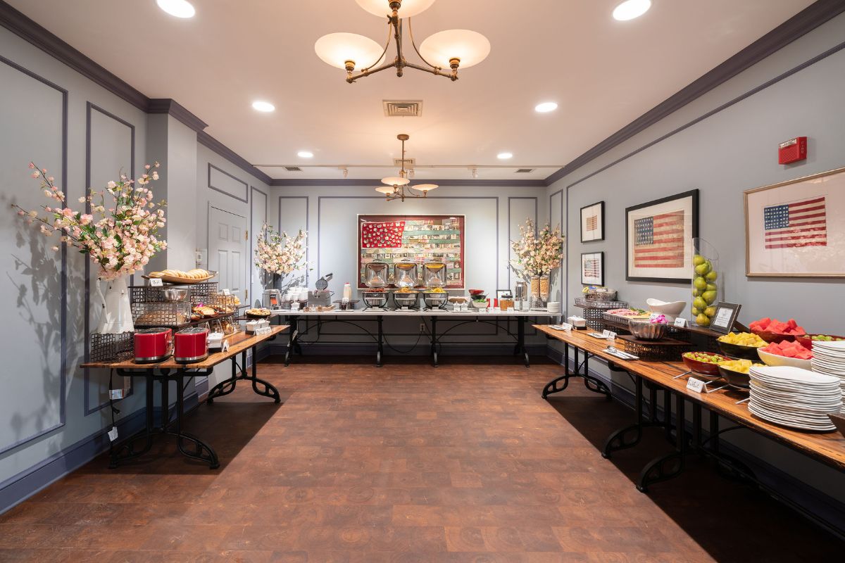 a buffet table with food on it
