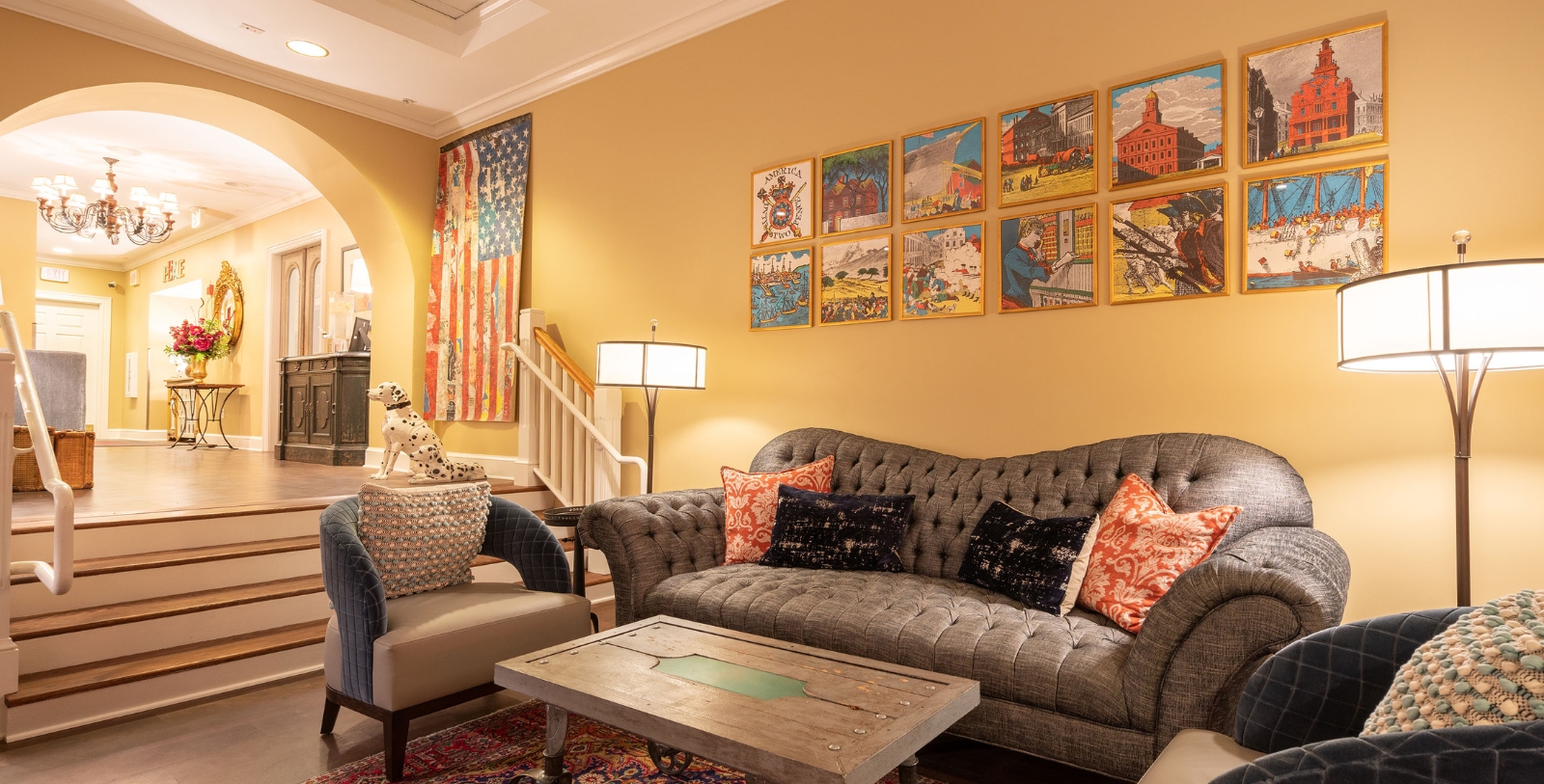 a living room with a couch and a table