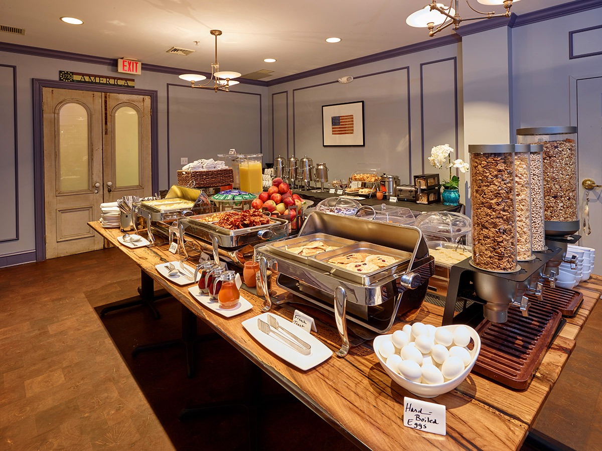 a buffet table with food on it