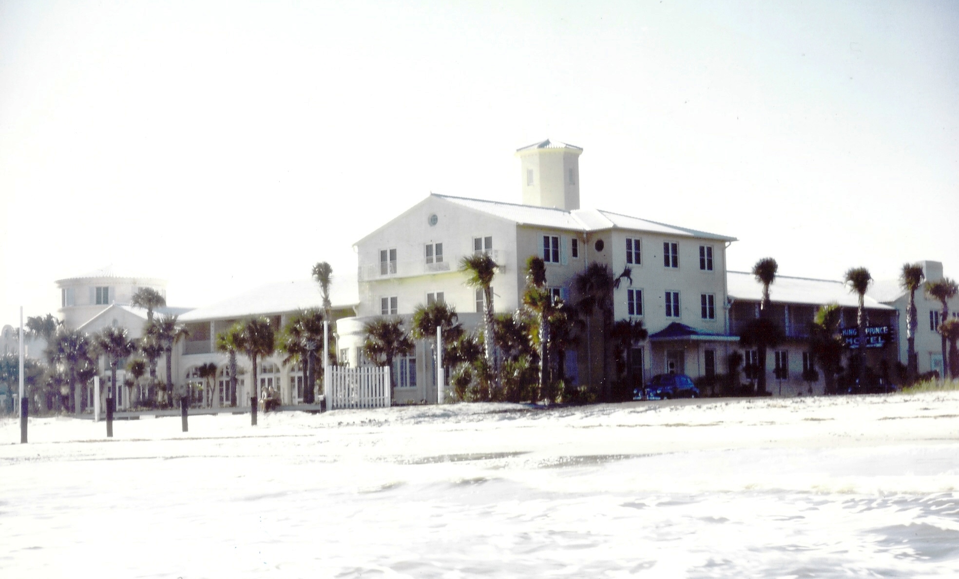 a large white building with palm trees in the snow