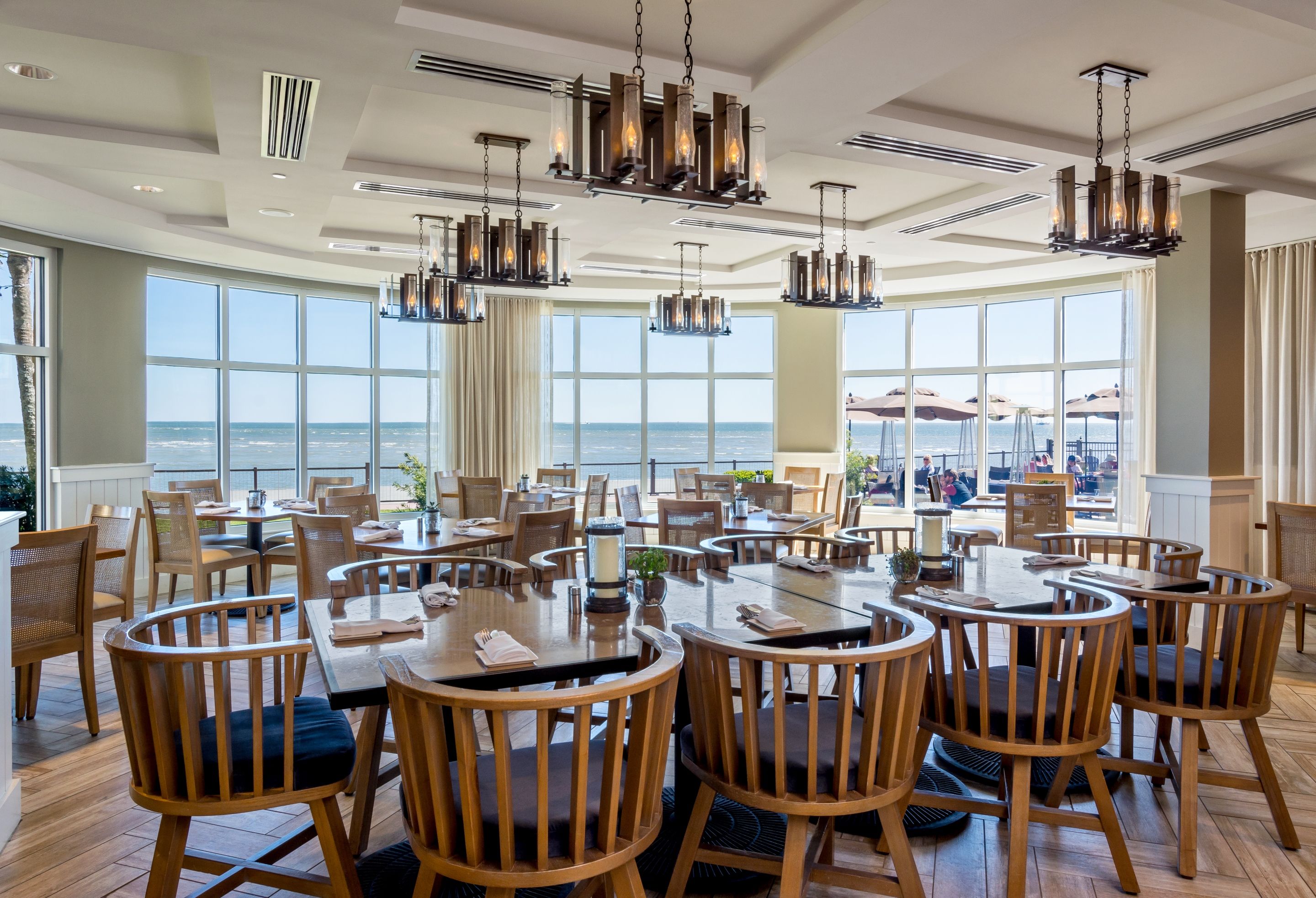 a large room with tables and chairs