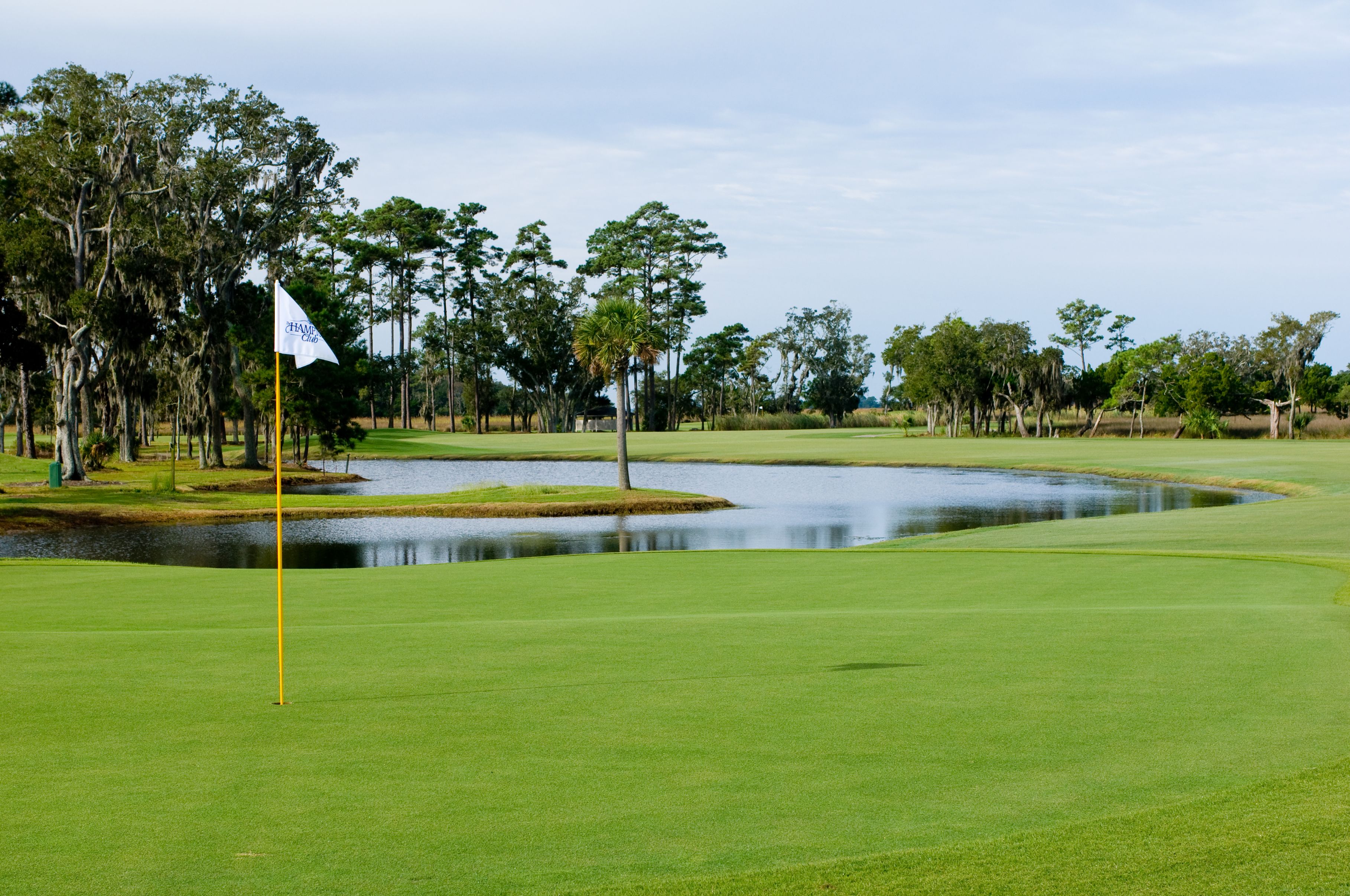 a golf course with a flag on the green
