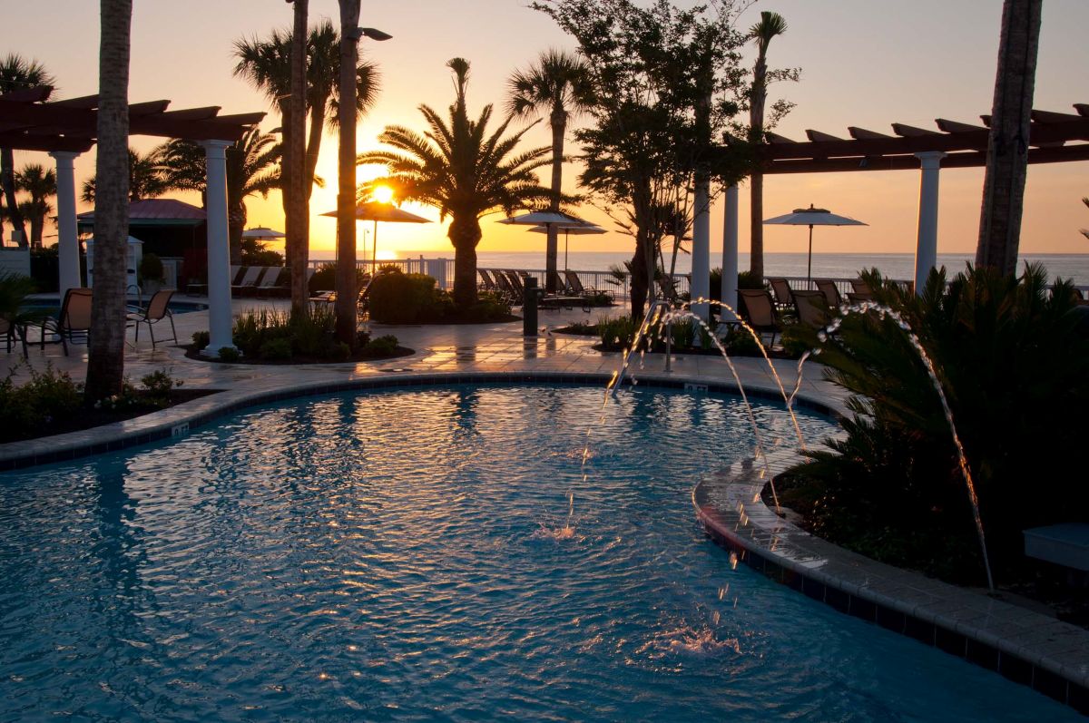 a pool with water fountain and palm trees