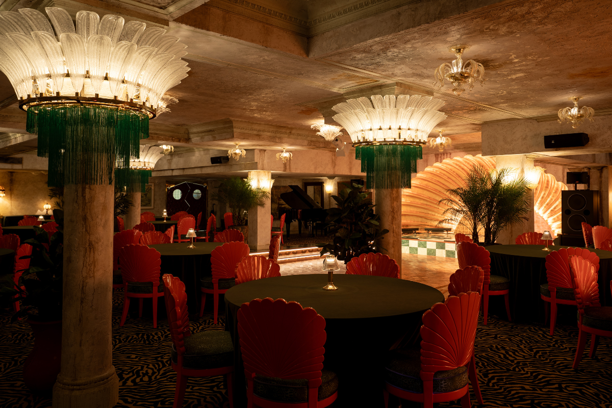 a room with tables and chairs