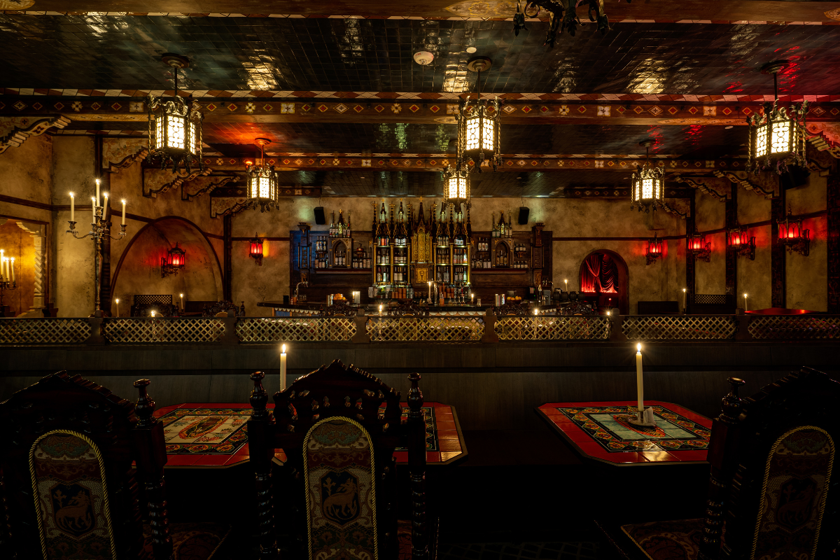 a restaurant with a bar and a table