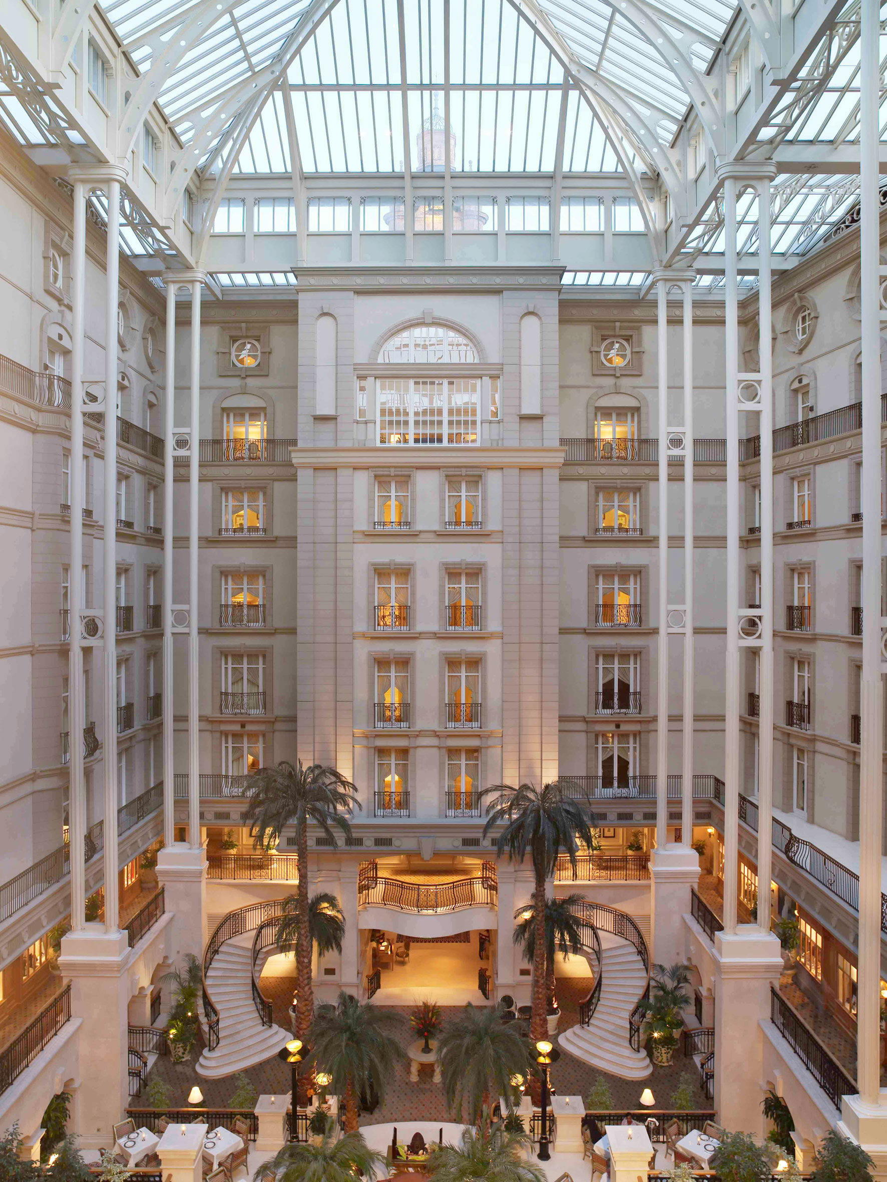 a large building with a spiral staircase