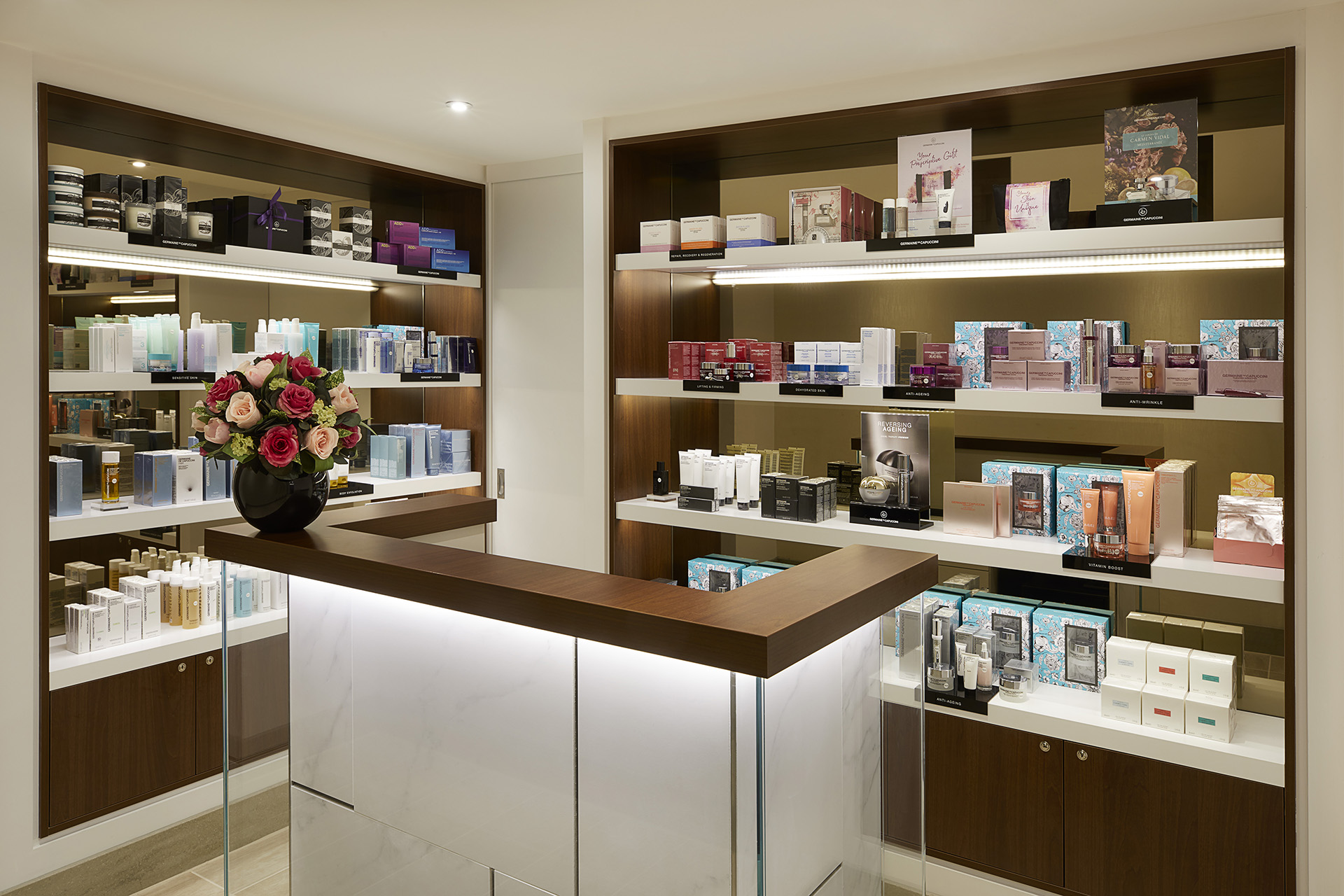 a display of cosmetics on shelves