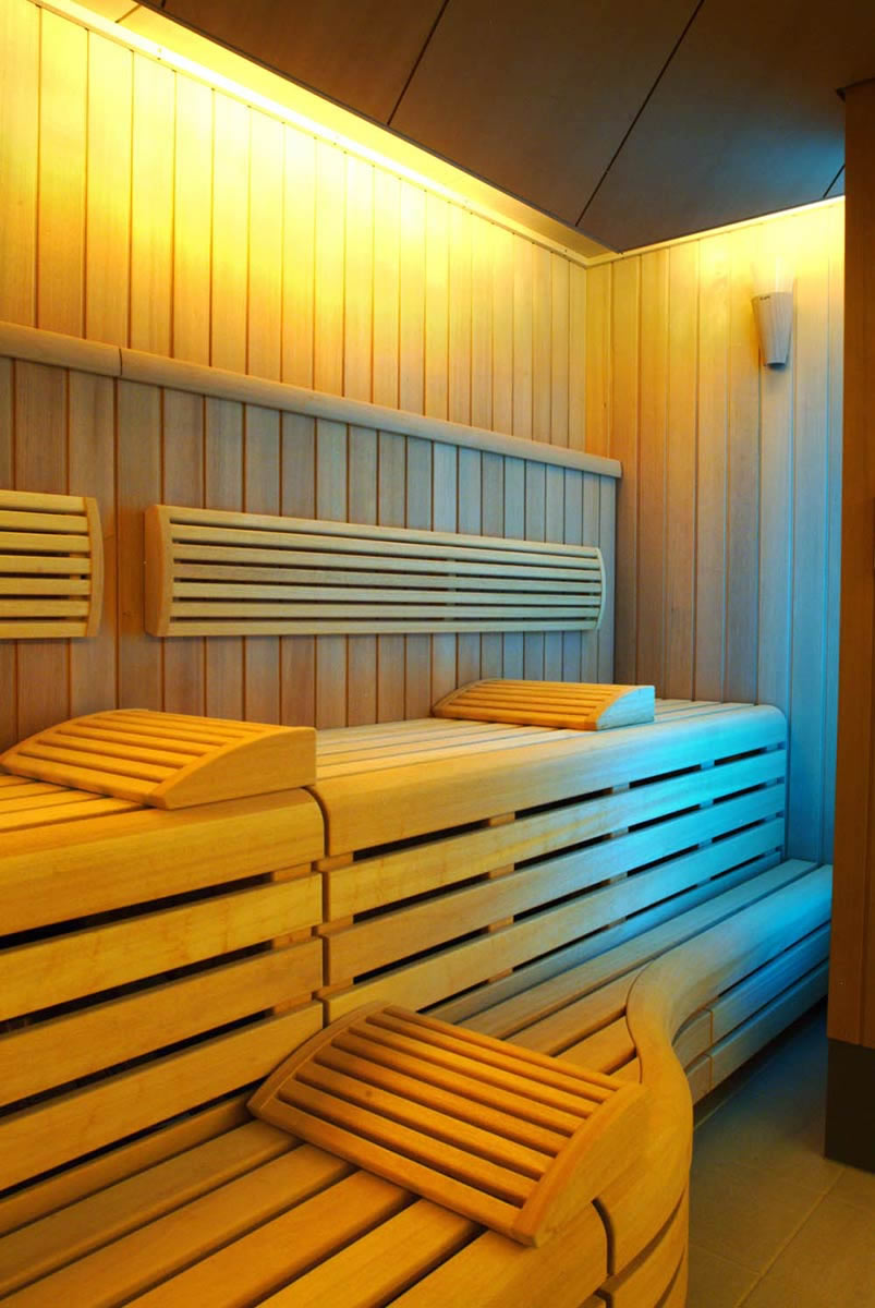 a wooden bench in a sauna