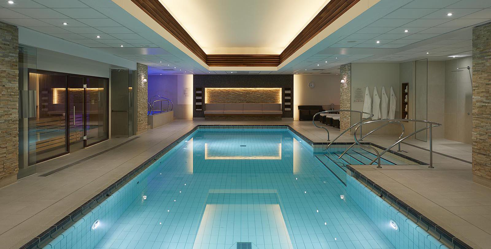 a swimming pool inside a building