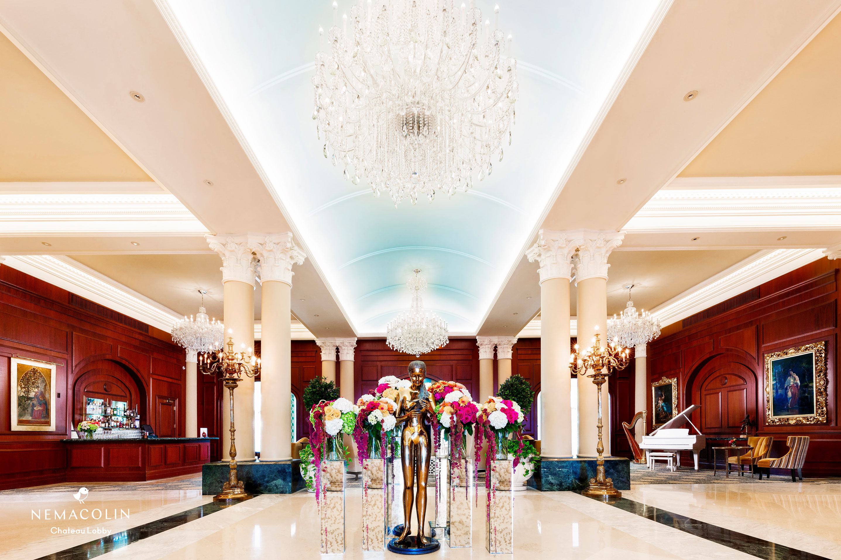 a large chandelier in a lobby