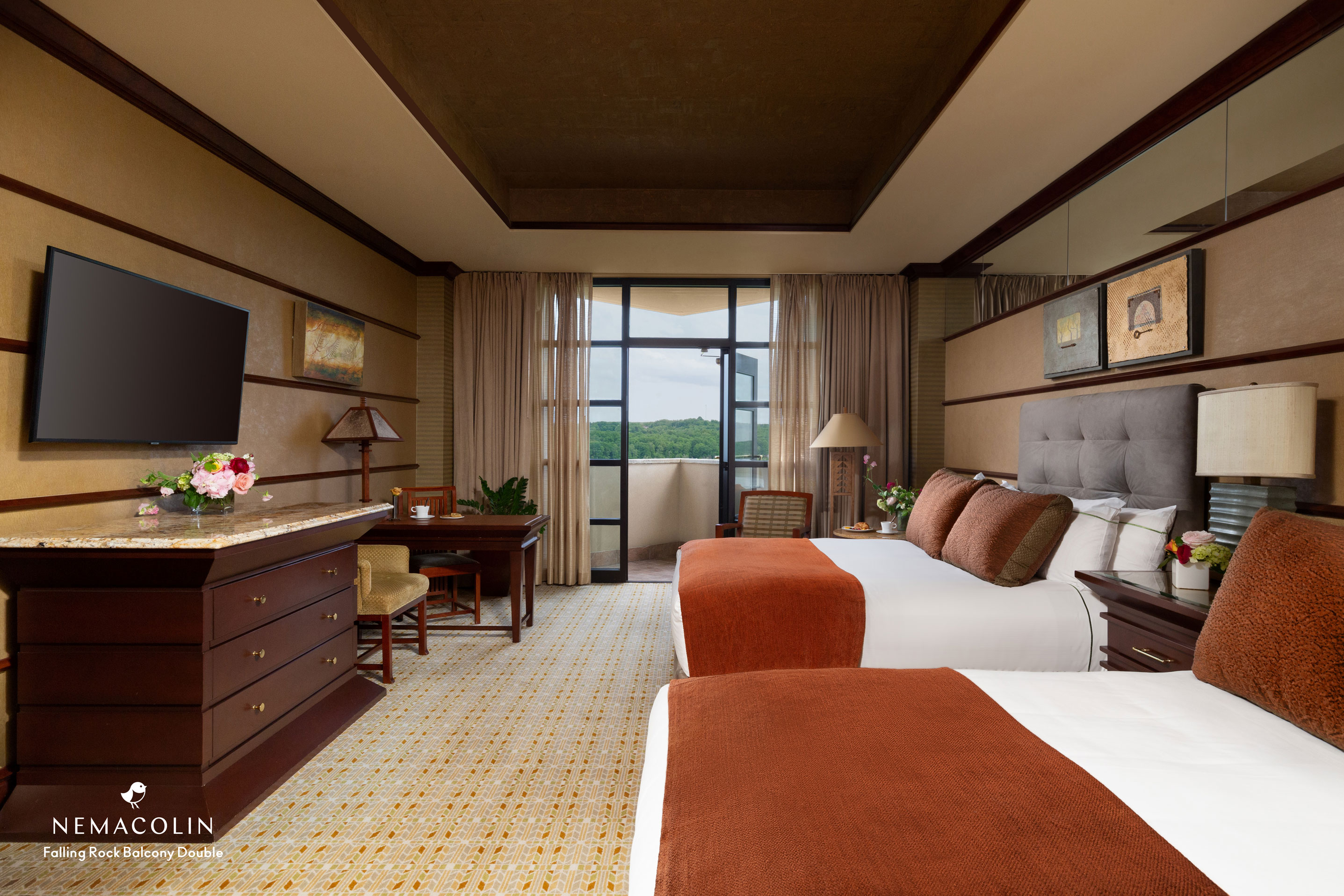 a room with two beds and a television