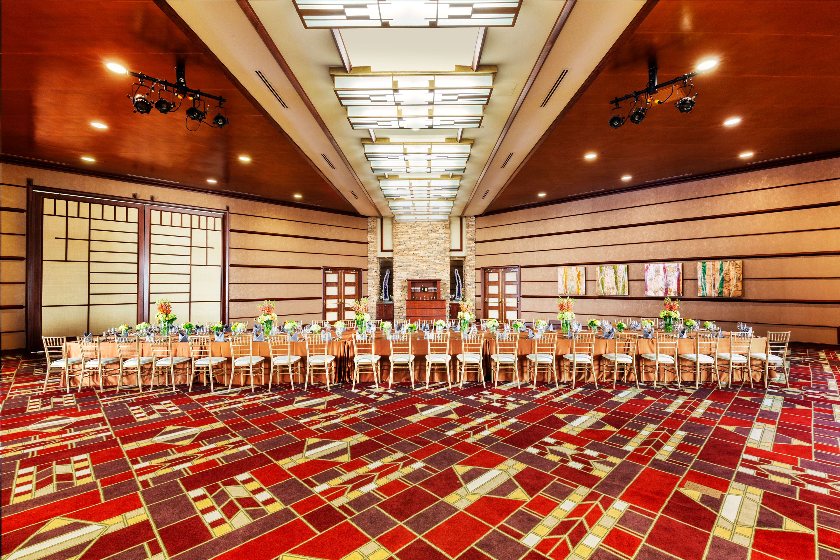 a room with tables and chairs