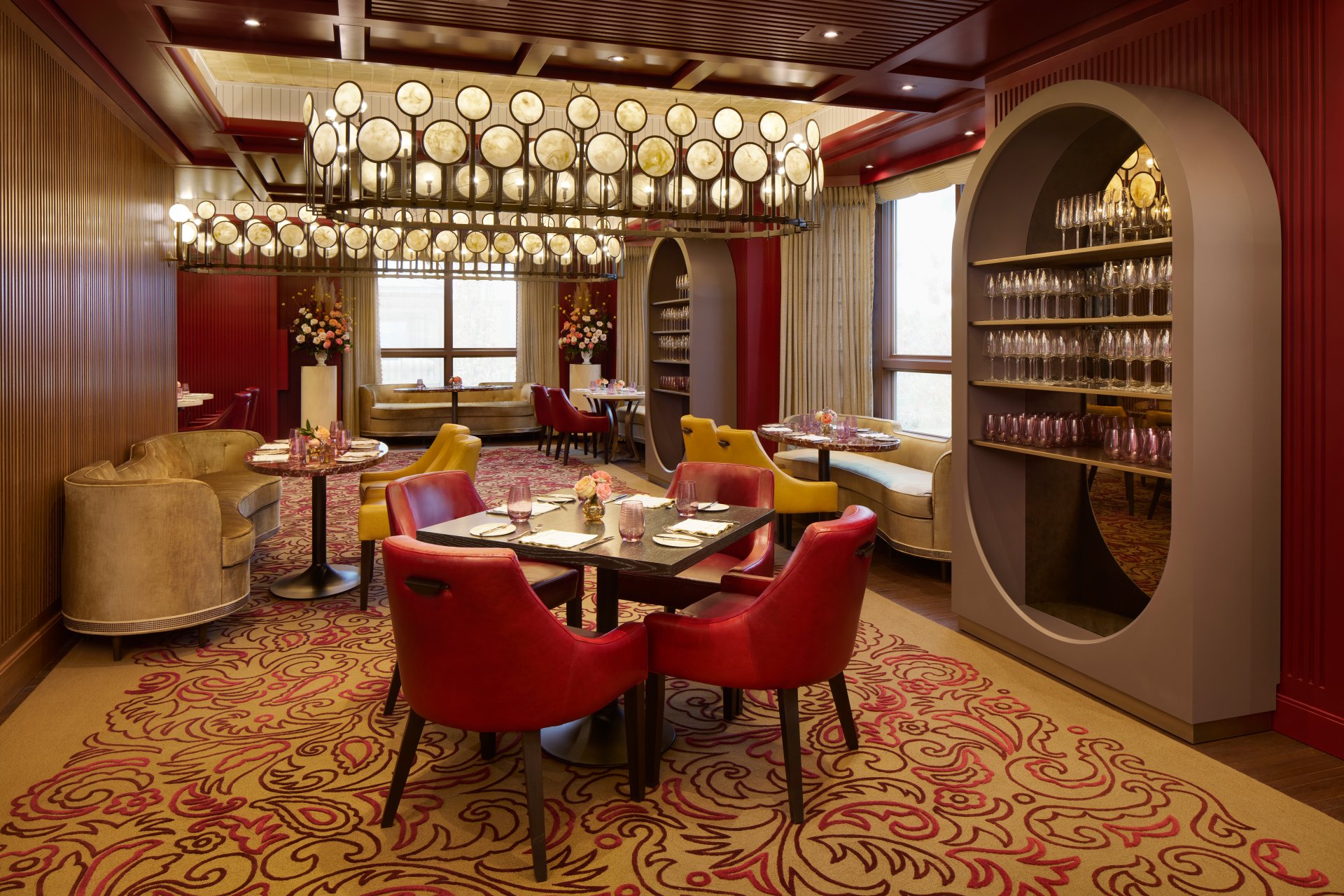a room with tables and chairs