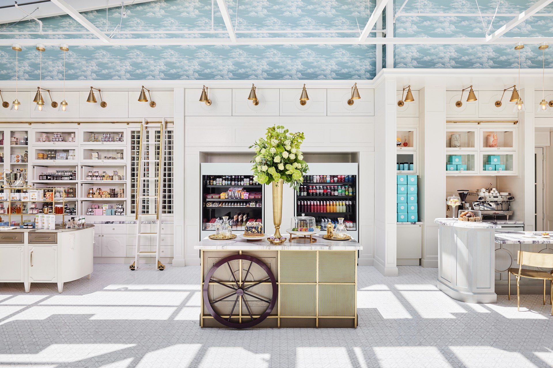 a room with a cart and shelves