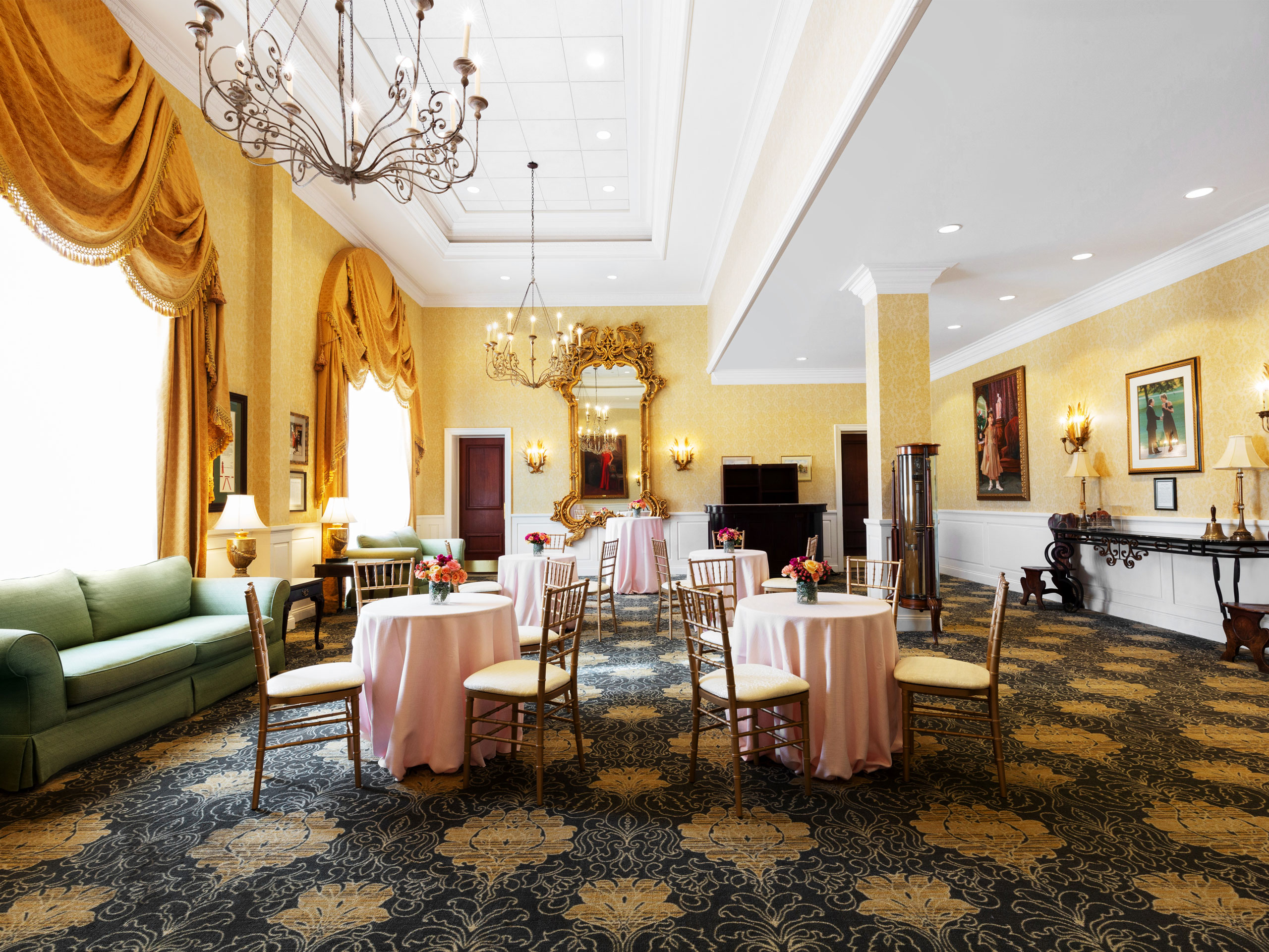 a room with tables and chairs